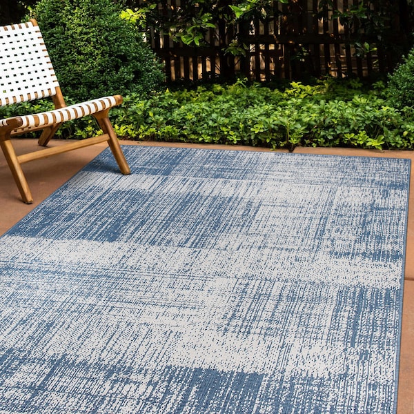 World Rug Gallery Contemporary Distressed Boxes Weather Resistant Indoor/Outdoor Area Rug 5' x 7' Blue 4032BLUE5X7 - main